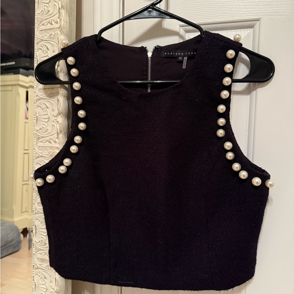 Endless Rose Black Pearl-Studded Crop Top